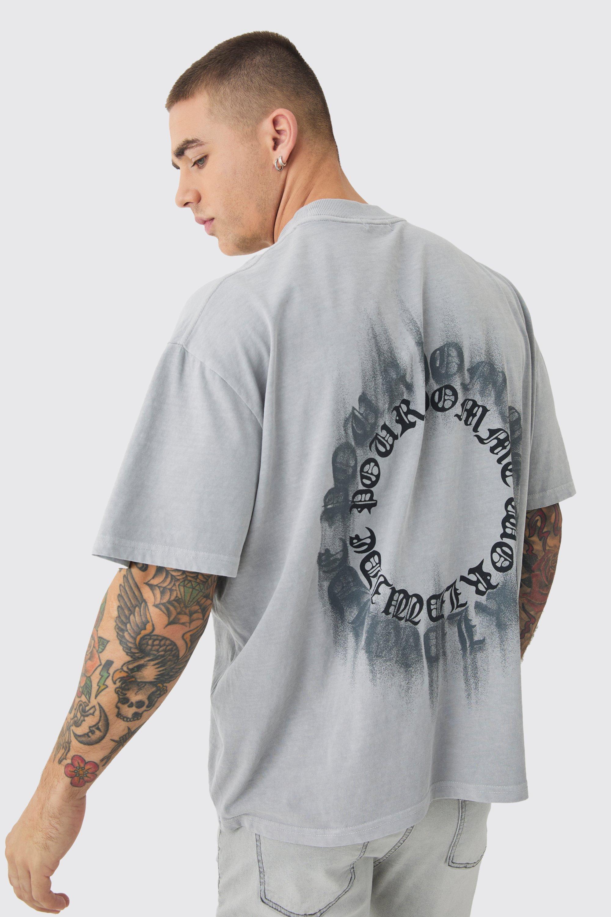 Mens Grey Oversized Boxy Extended Neck Washed Homme Print T-shirt, Grey